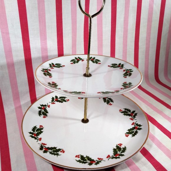 Lovely Mid Century Holly Berry 2 Tier Ceramic Plate Tid Bit Holiday Server Japan - Picture 2 of 13